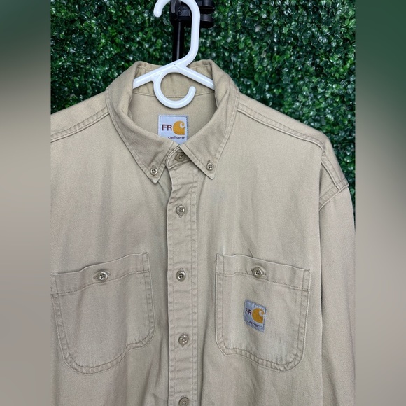 Carhartt Men's Flame Resistant Khaki Long Sleeve Button Up Shirt - Picture 2 of 8